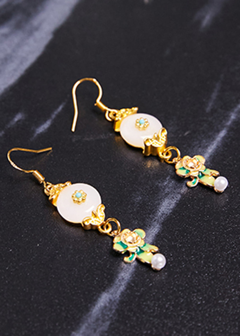 Fine White Jade Paitings Flower Metal Drop Earrings New Style