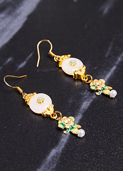 Fine White Jade Paitings Flower Metal Drop Earrings New Style