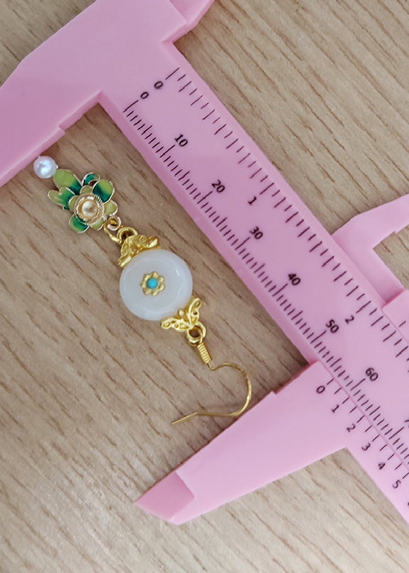 Fine White Jade Paitings Flower Metal Drop Earrings New Style