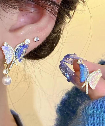French Asymmetrical Zircon Colored Butterfly Stud Earrings
