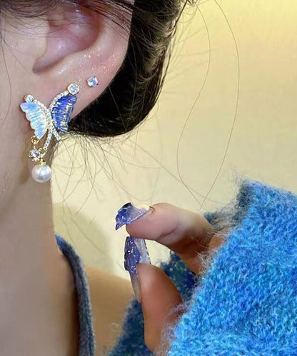 French Asymmetrical Zircon Colored Butterfly Stud Earrings