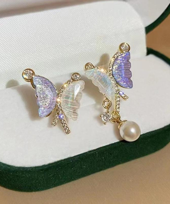 French Asymmetrical Zircon Colored Butterfly Stud Earrings