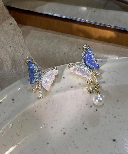 French Asymmetrical Zircon Colored Butterfly Stud Earrings