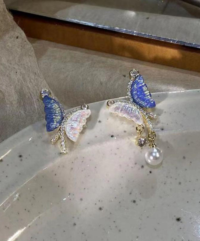 French Asymmetrical Zircon Colored Butterfly Stud Earrings