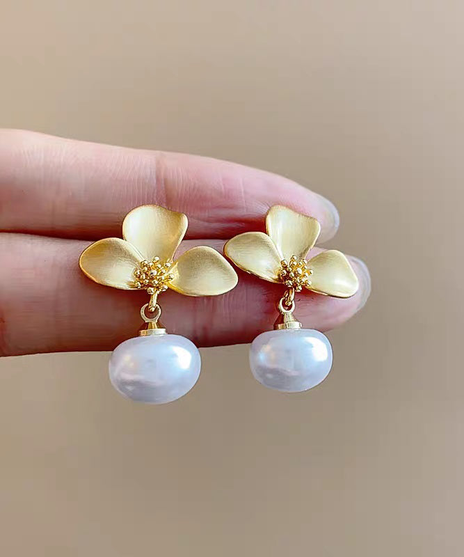 French Gold Copper Overgild Pearl Drop Earrings