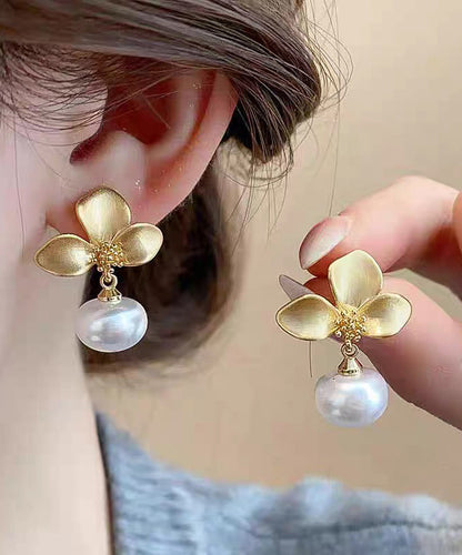 French Gold Copper Overgild Pearl Drop Earrings