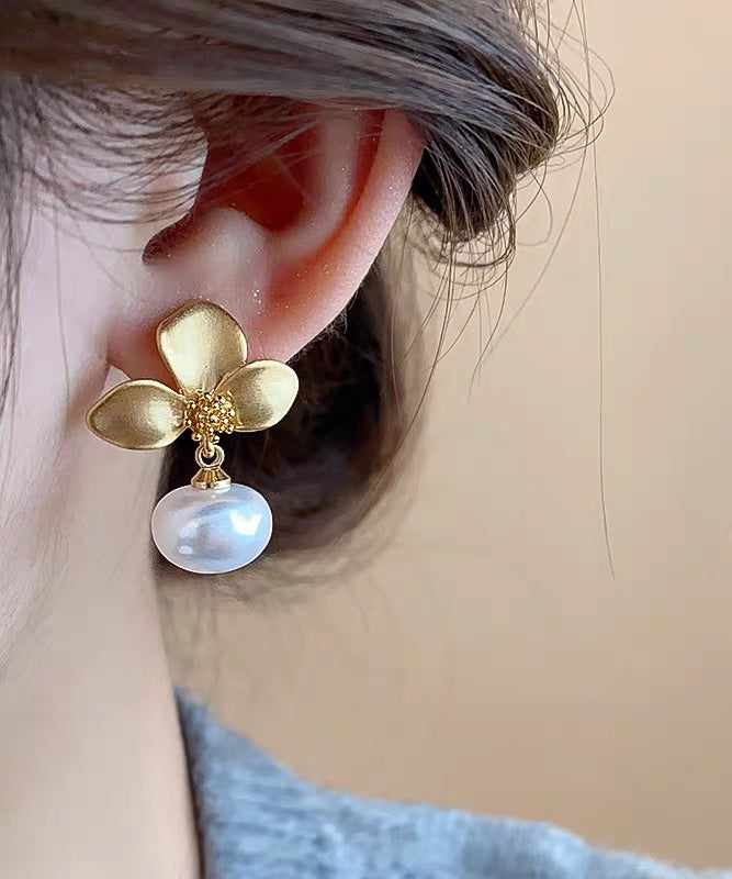 French Gold Copper Overgild Pearl Drop Earrings