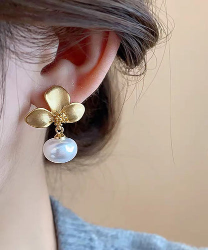 French Gold Copper Overgild Pearl Drop Earrings