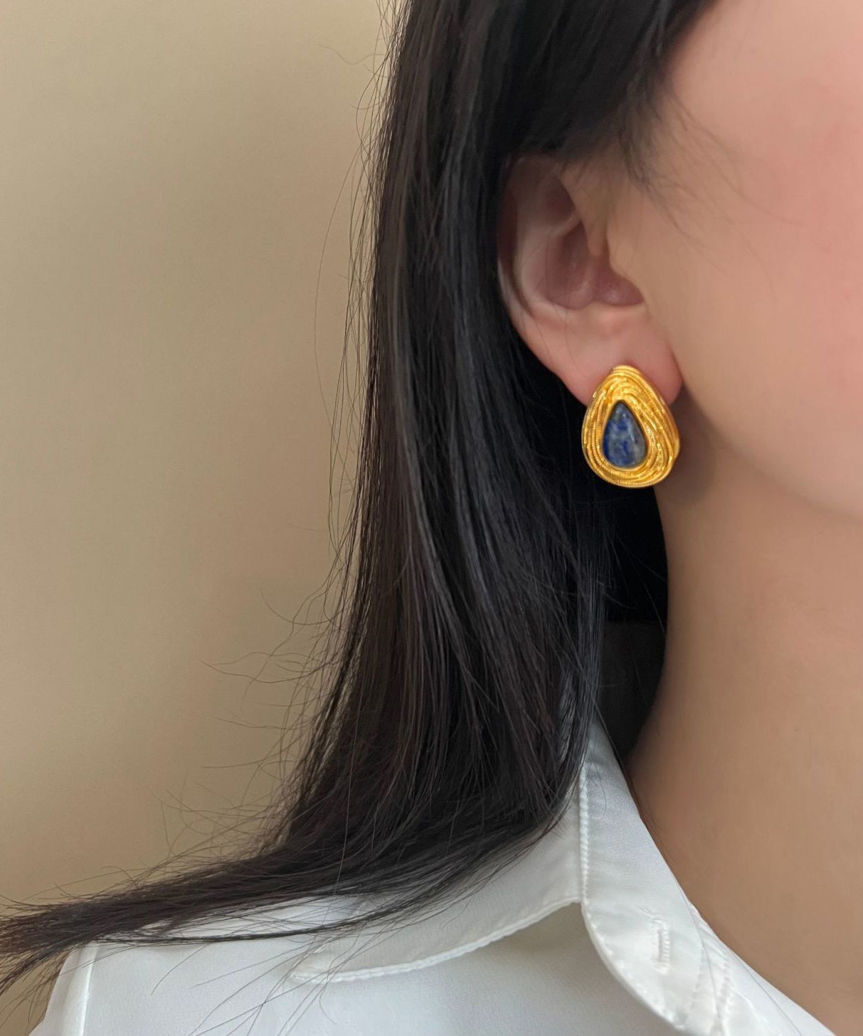 French Silver Overgild Gem Stone Drip Stud Earrings