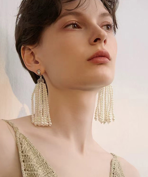 French Tassel Pearl Light Long Stud Earrings