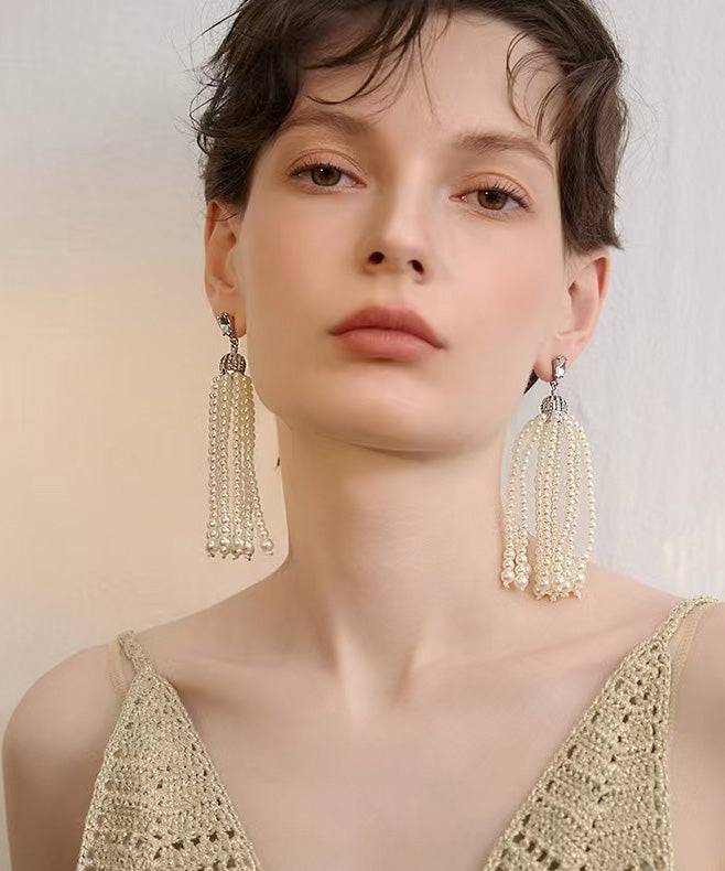 French Tassel Pearl Light Long Stud Earrings