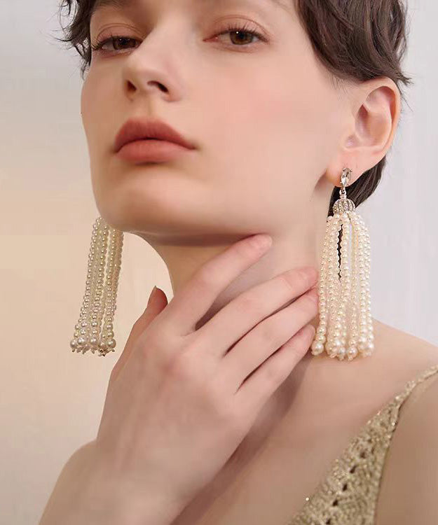French Tassel Pearl Light Long Stud Earrings