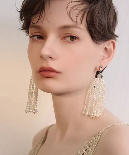 French Tassel Pearl Light Long Stud Earrings