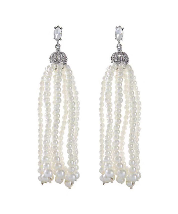 French Tassel Pearl Light Long Stud Earrings