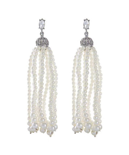 French Tassel Pearl Light Long Stud Earrings