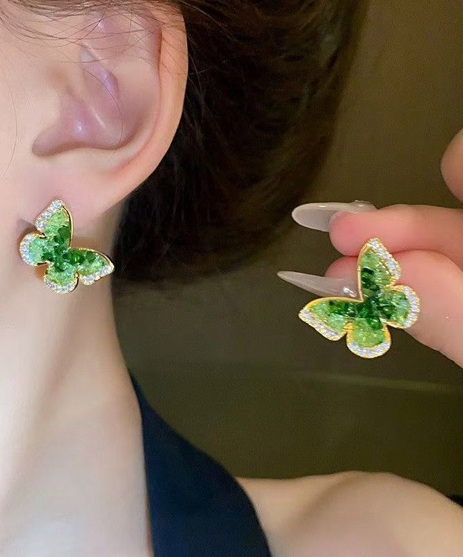 Gradient Color Green Copper Alloy Zircon Butterfly Stud Earrings