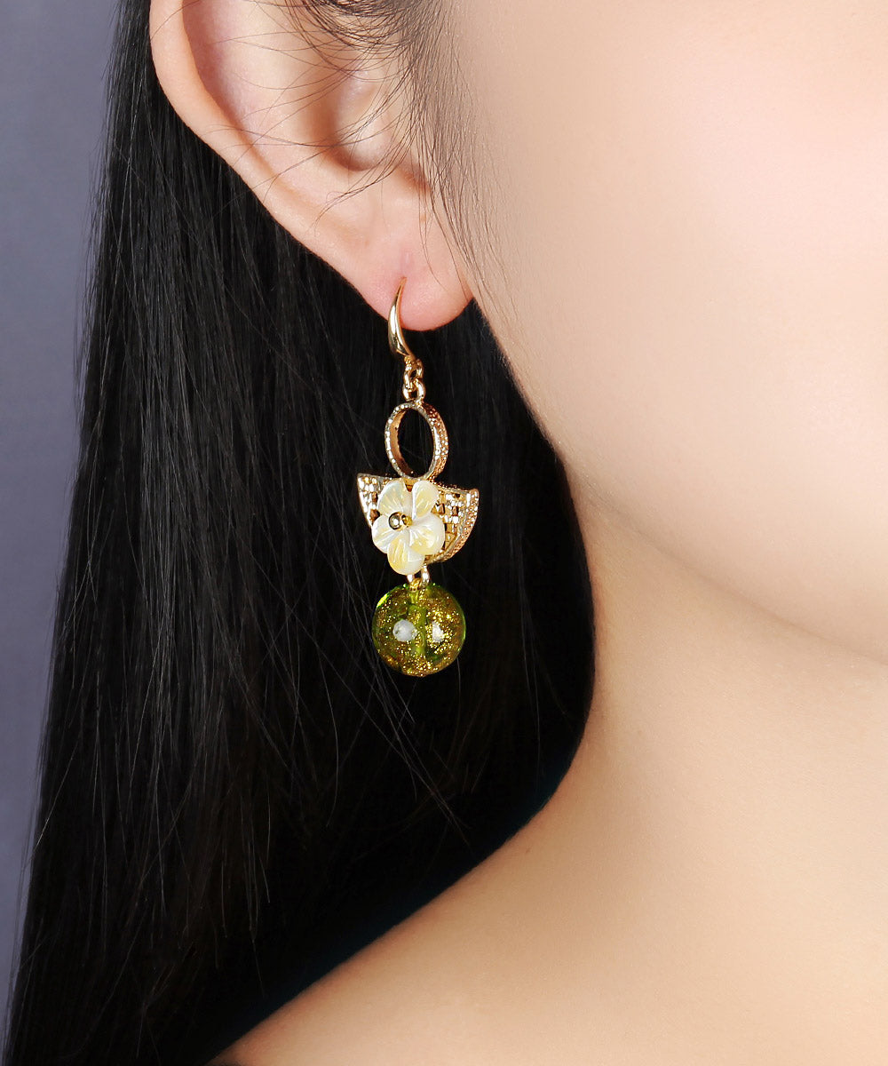 Handmade Green Copper Glaze Shell Flower Drop Earrings