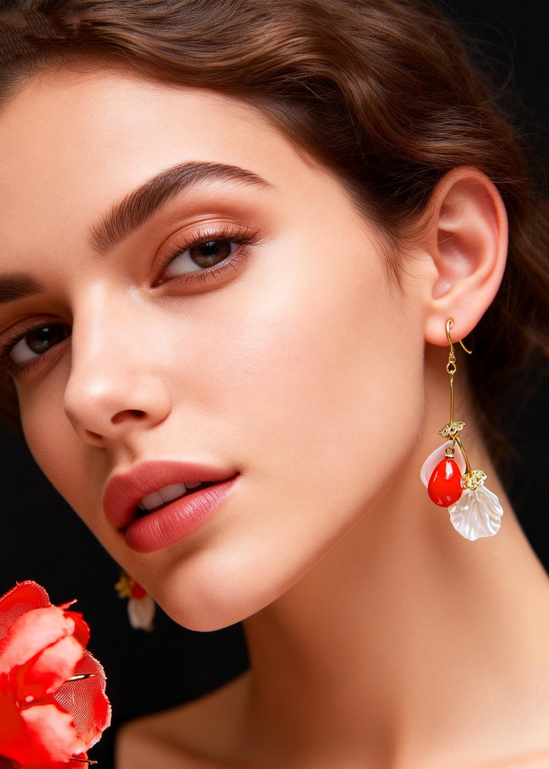 Italian Red Droplet Shape Coral and Shell Drop Earrings