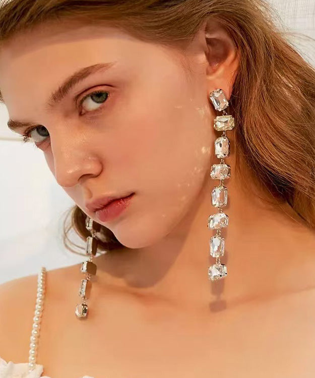 Korean Style Version Zircon Silver Needle Long Earrings