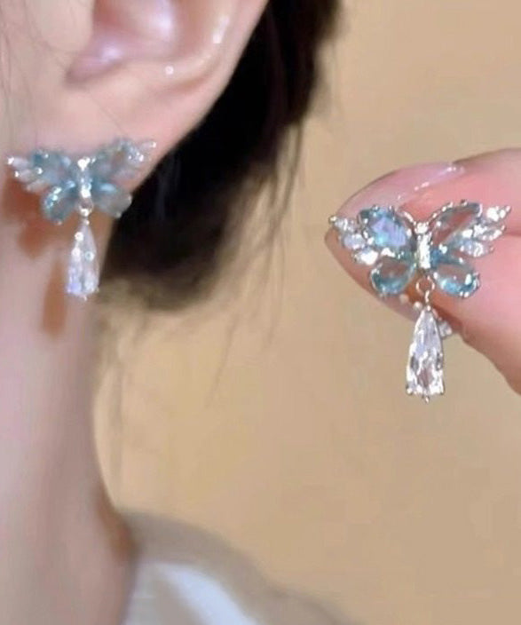 Light Blue Crystal Butterfly Metal Stud Earrings