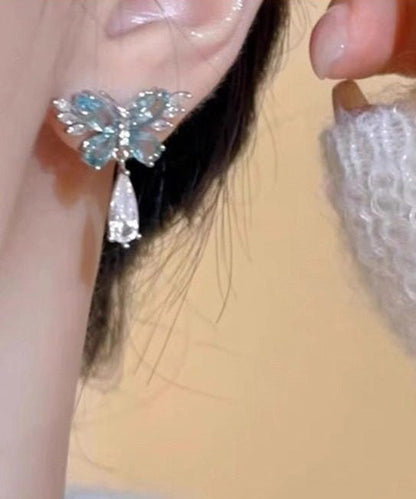 Light Blue Crystal Butterfly Metal Stud Earrings
