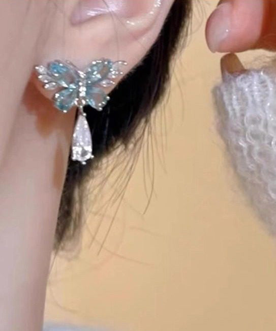 Light Blue Crystal Butterfly Metal Stud Earrings