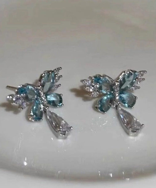 Light Blue Crystal Butterfly Metal Stud Earrings