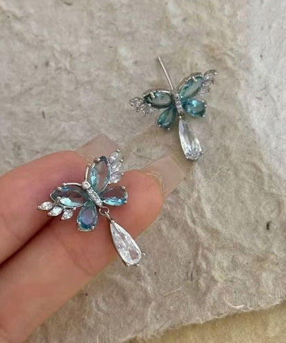 Light Blue Crystal Butterfly Metal Stud Earrings