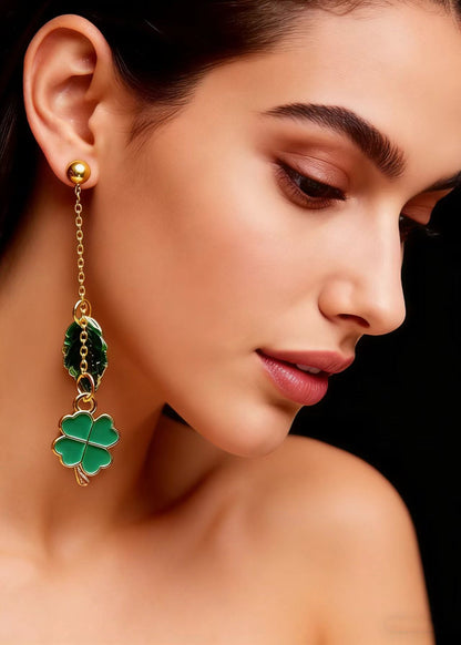 Modern Green Leaf Metal Long Tassels Drop Earrings
