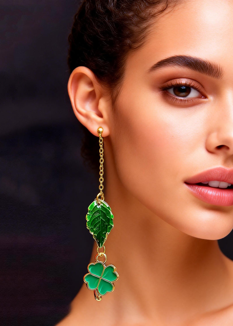 Modern Green Leaf Metal Long Tassels Drop Earrings