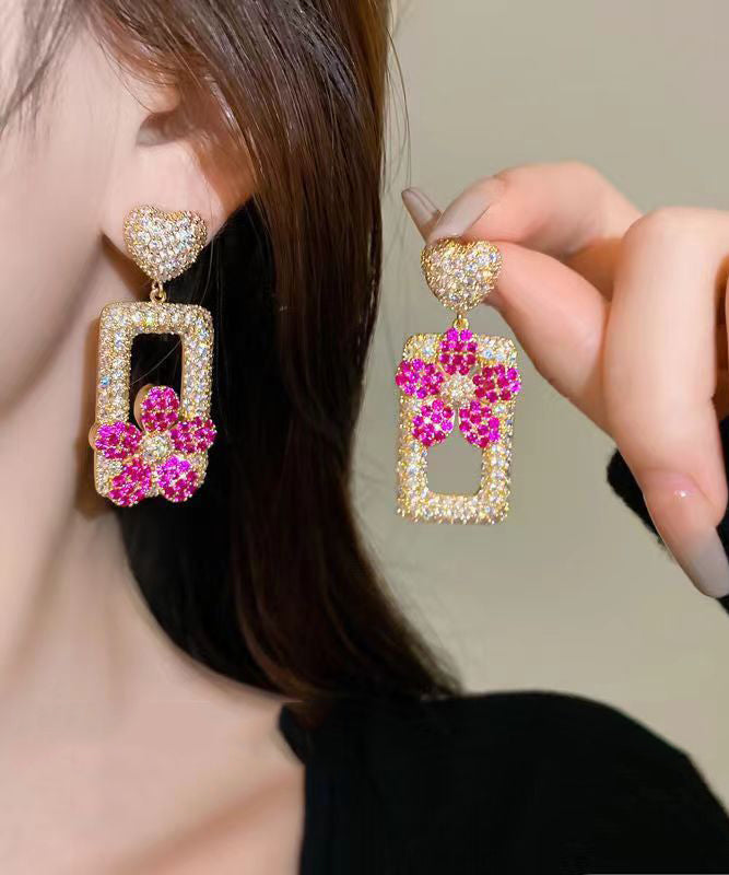 Modern Rose Sterling Silver Overgild Zircon Love Rectangular Shape Drop Earrings Df1026