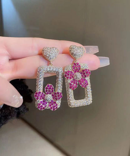 Modern Rose Sterling Silver Overgild Zircon Love Rectangular Shape Drop Earrings Df1026