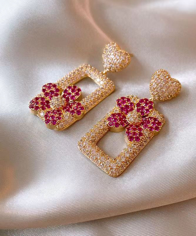 Modern Rose Sterling Silver Overgild Zircon Love Rectangular Shape Drop Earrings Df1026