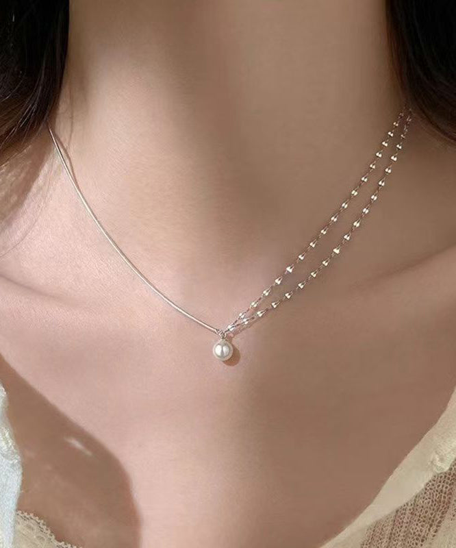 Modern Silk Sterling Silver Double Layer Pearl Pendant Necklace Ra012