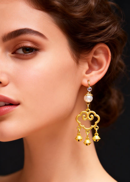 Modern Small Bell Auspicious Clouds 14k Gold Pearl Drop Earrings