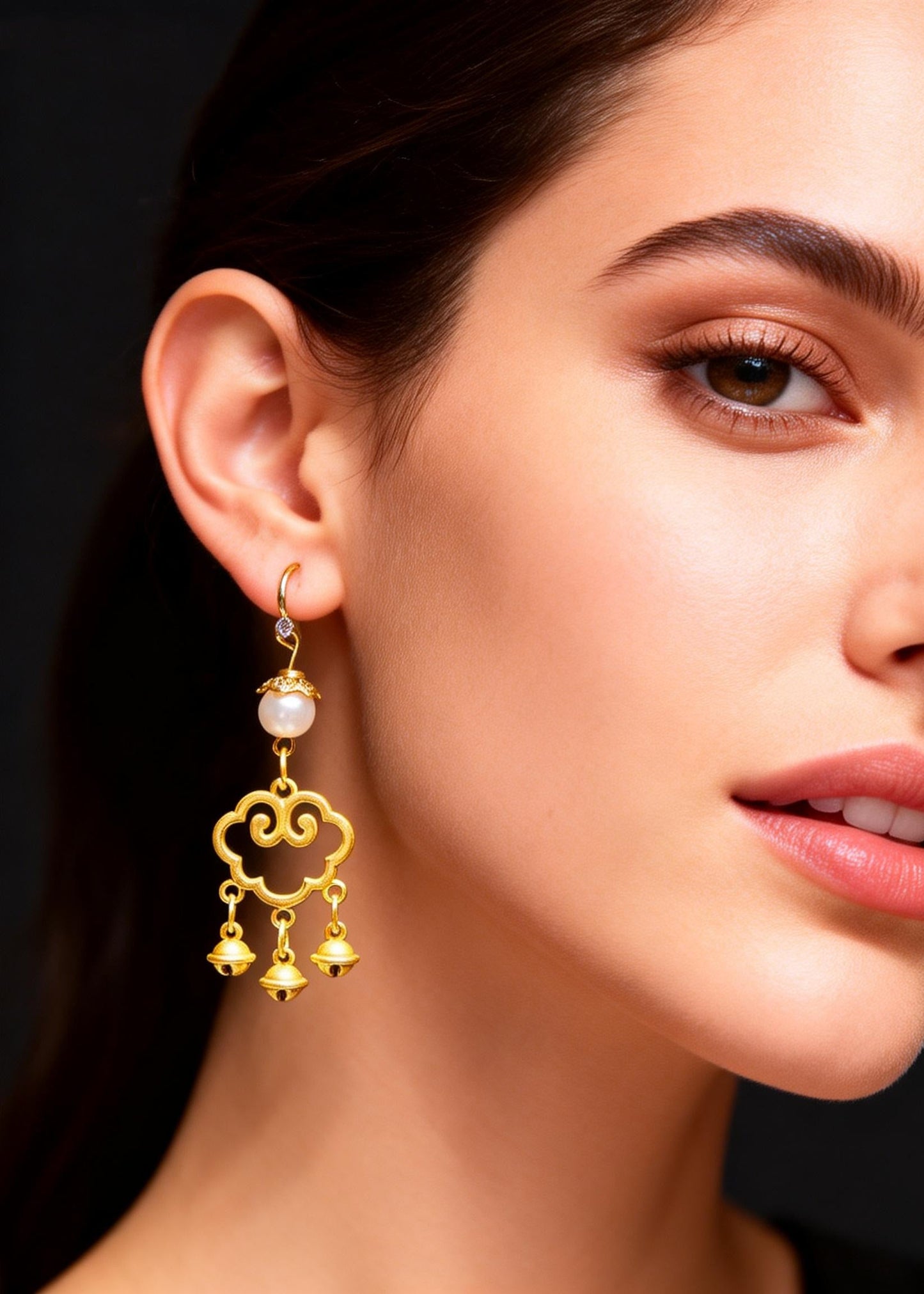 Modern Small Bell Auspicious Clouds 14k Gold Pearl Drop Earrings