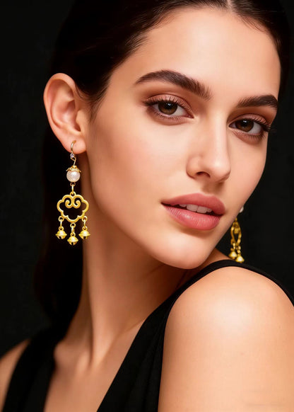 Modern Small Bell Auspicious Clouds 14k Gold Pearl Drop Earrings