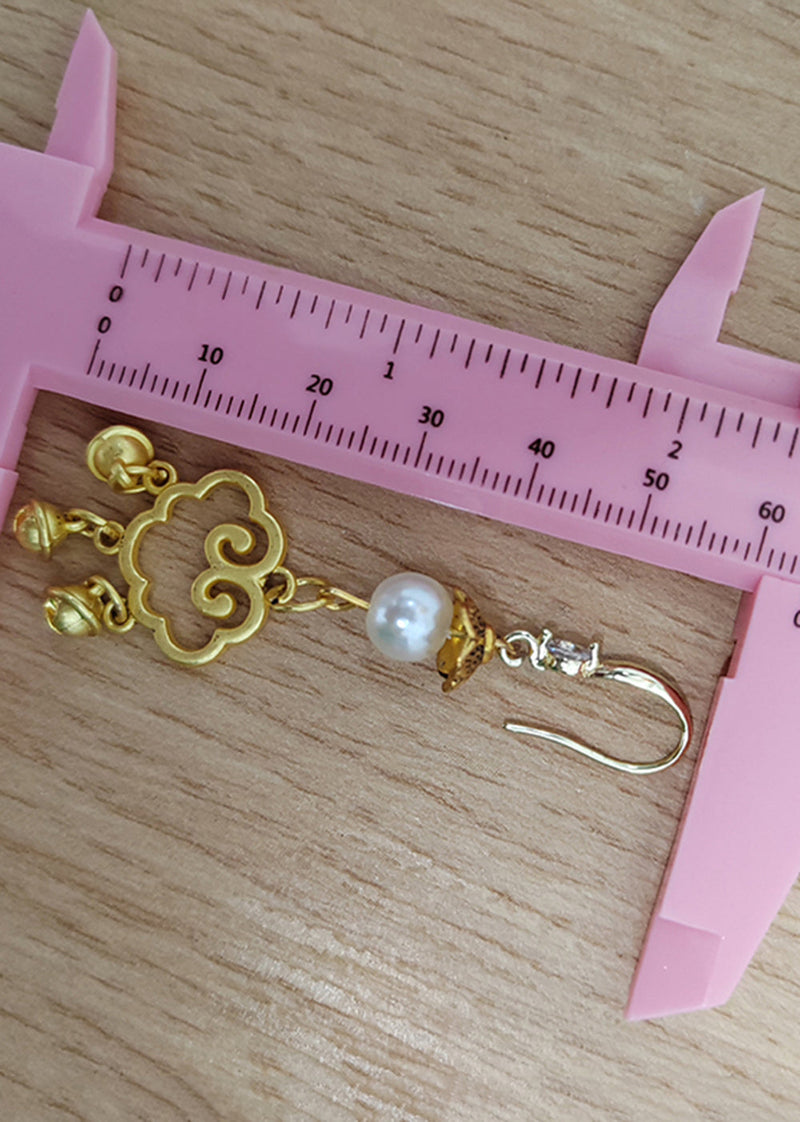 Modern Small Bell Auspicious Clouds 14k Gold Pearl Drop Earrings