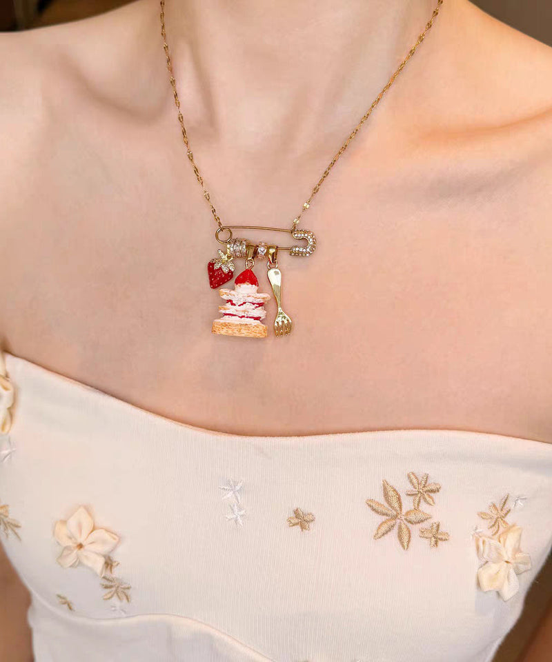 New Gold Sterling Silver Overgild Strawberry Cake Pendant Necklace