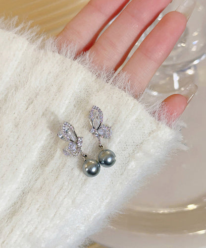 New Grey Sterling Silver Zircon Pearl Drop Earrings