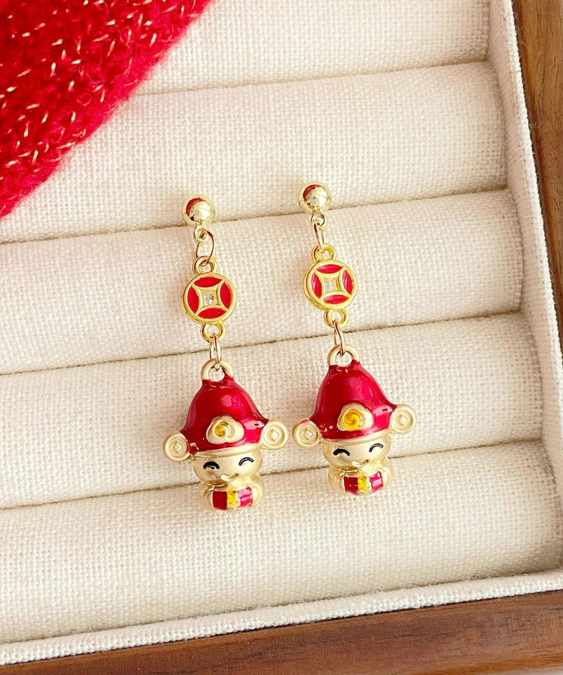 New Red Sterling Silver Overgild God of Wealthdrop Earrings