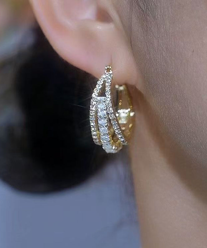Novelt Gold Copper Alloy Three Floors Square Zircon Hoop Earrings