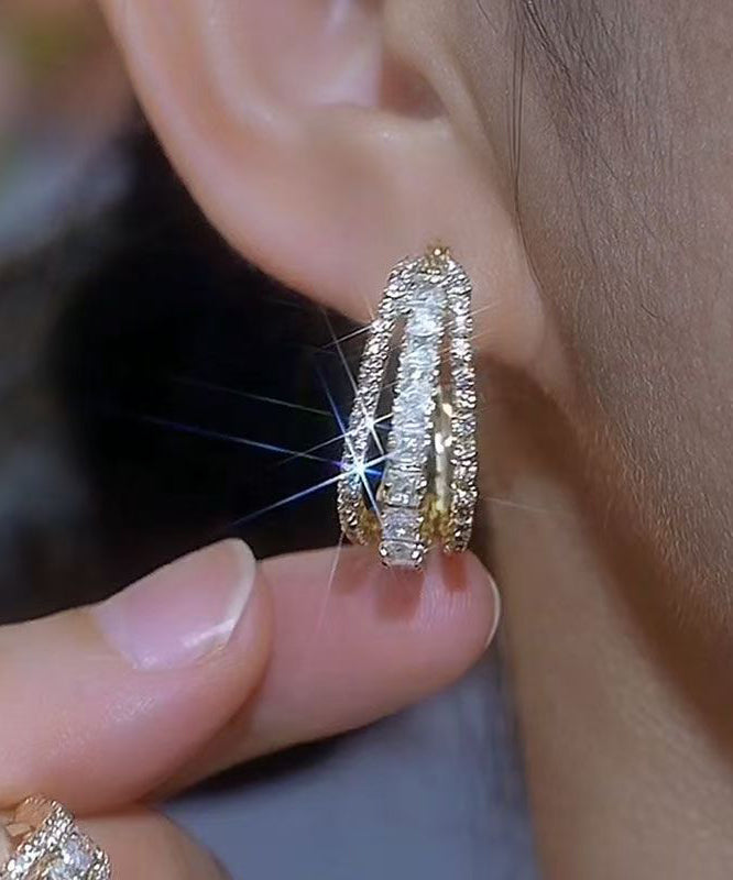 Novelt Gold Copper Alloy Three Floors Square Zircon Hoop Earrings