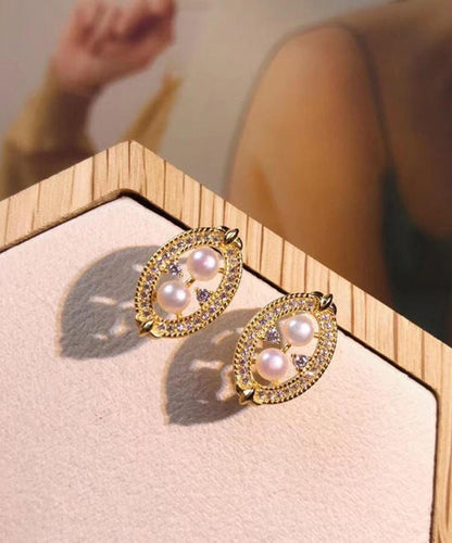 Novelty Gold Copper Overgild Zircon Pearl Water Drop Stud Earrings