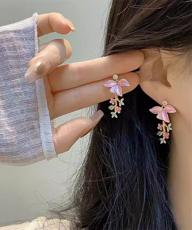 Novelty Pink Copper Zircon Enamel Tassel Drop Earrings