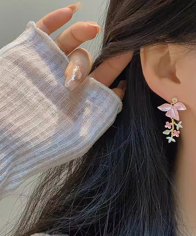 Novelty Pink Copper Zircon Enamel Tassel Drop Earrings