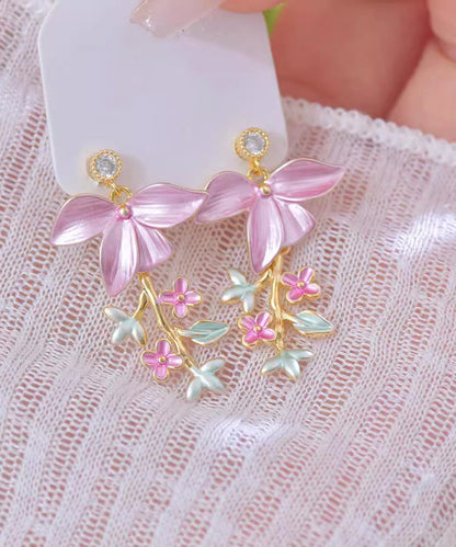 Novelty Pink Copper Zircon Enamel Tassel Drop Earrings