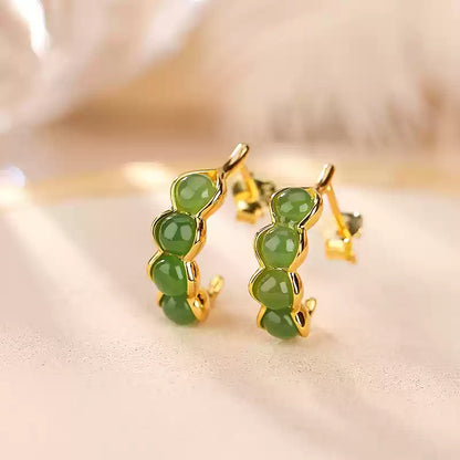 Jade Stone Silver Hoop Earrings