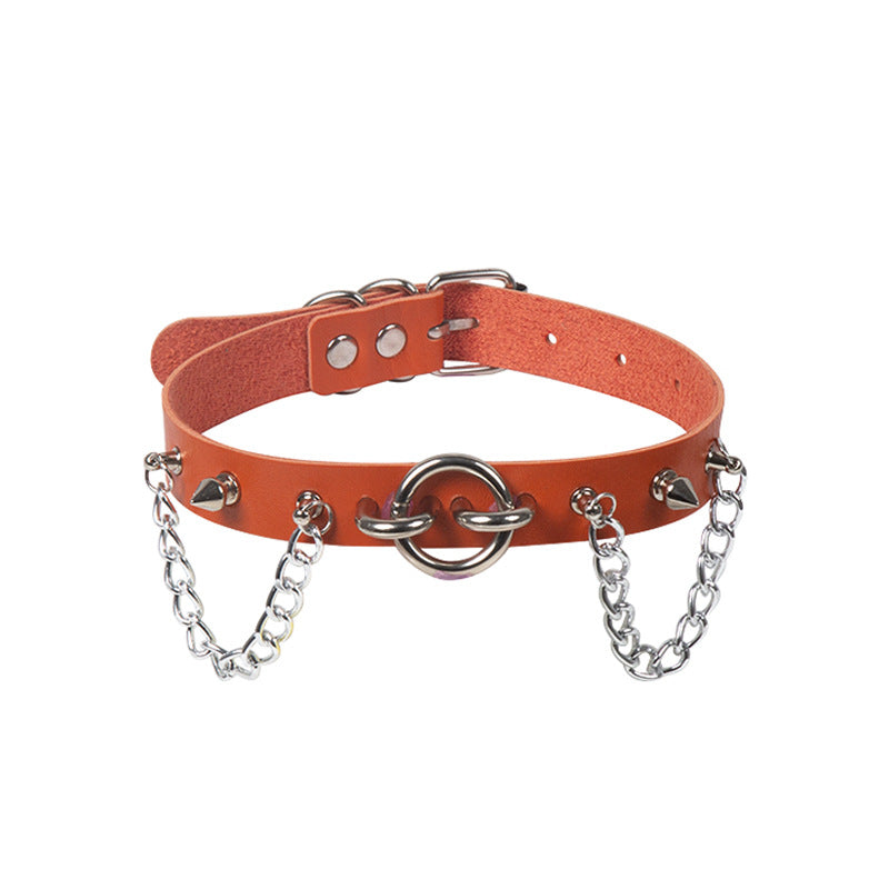 Personality O-ring Rivet Chain Pu Necklace
