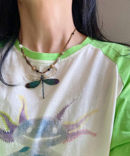 Original Design Colorblock Beading Dragonfly Pendant Necklace Qj052